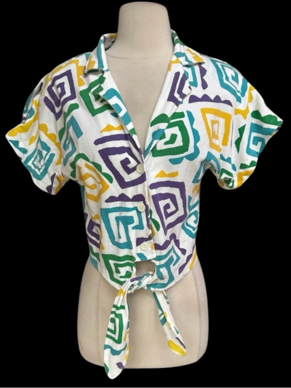 RARE 1980s Christian Dior Swirl Print, Button Down & Tie Crop Top